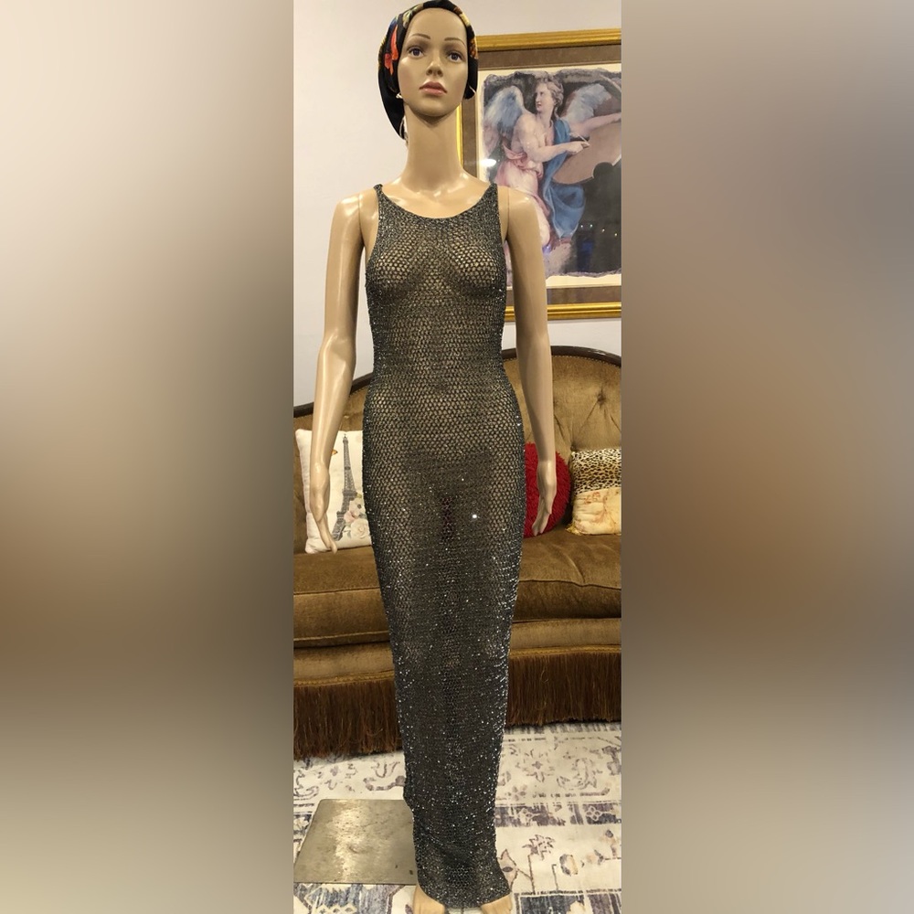 Ellen Tracy Metallic Black silver sequinCrochet tank long Dress small new 2 - Picture 1 of 4